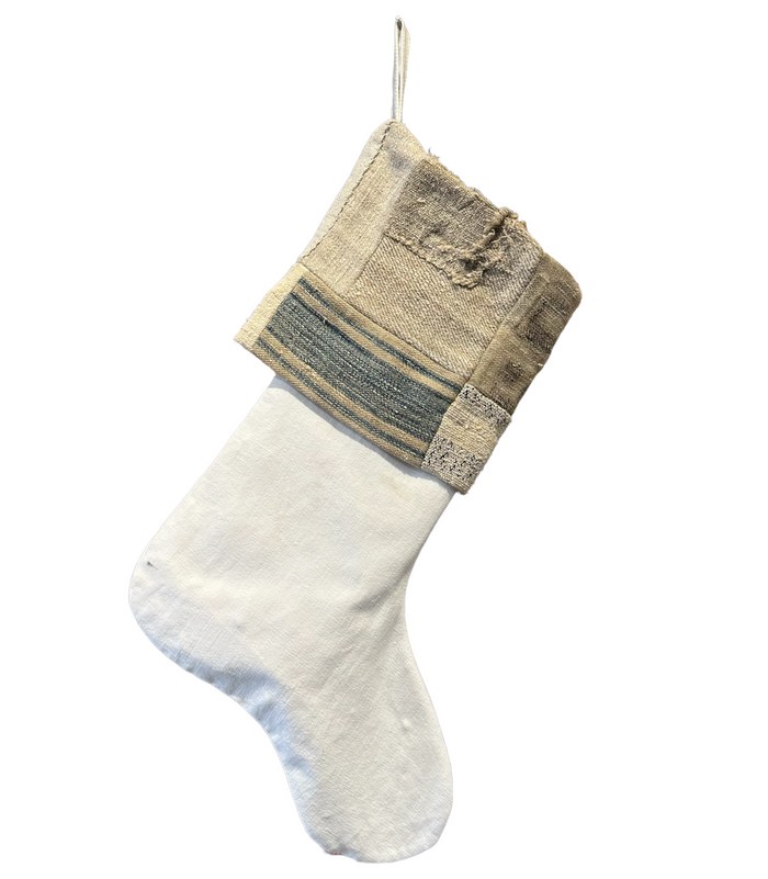 Handmade Christmas stocking, white with gray-blue textured cuff and hanging loop