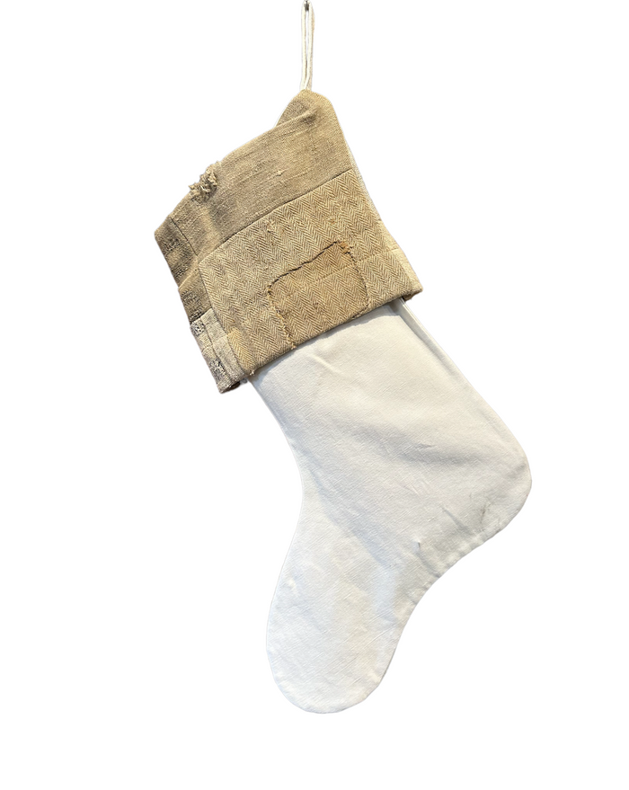 Handmade Christmas stocking, white with tan burlap-style cuff and hanging loop