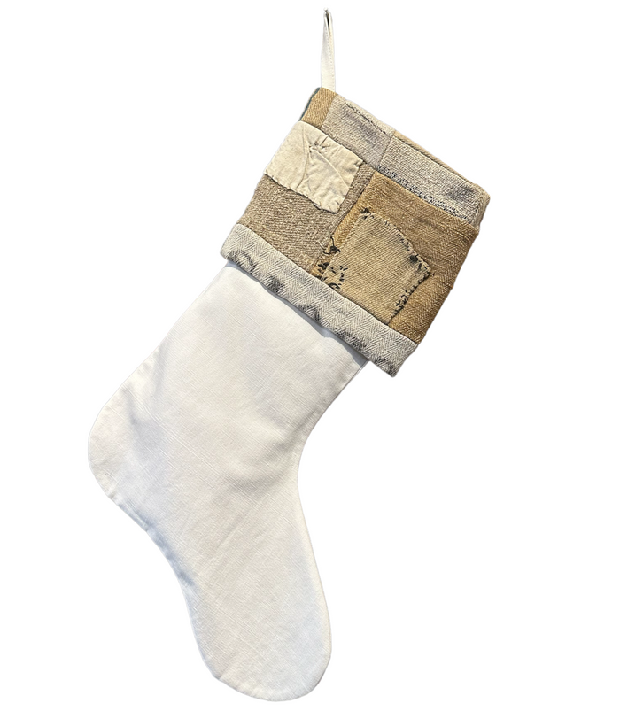 Handmade Christmas stocking, white body with patchwork burlap cuff and hanging loop