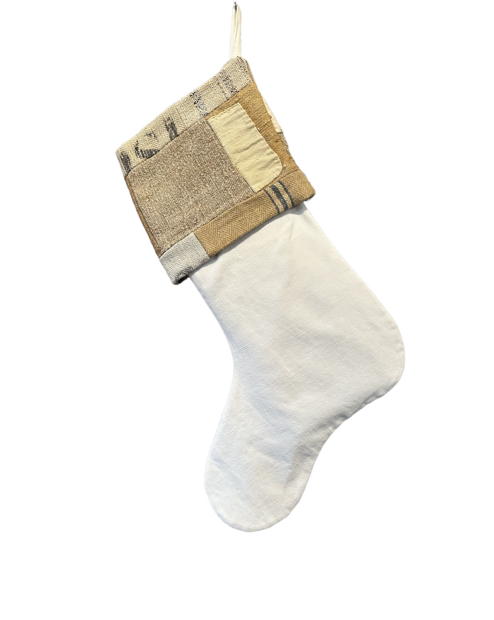 White Christmas stocking with patchwork burlap cuff and top hanging loop