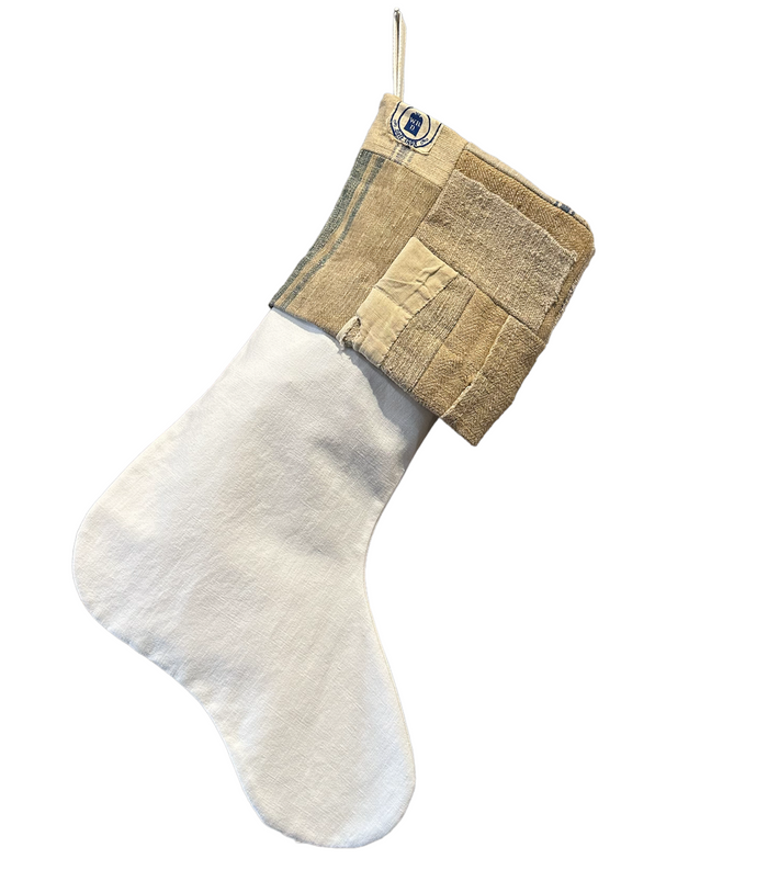 Christmas stocking in white fabric with burlap cuff and fabric hanging loop, patch detail