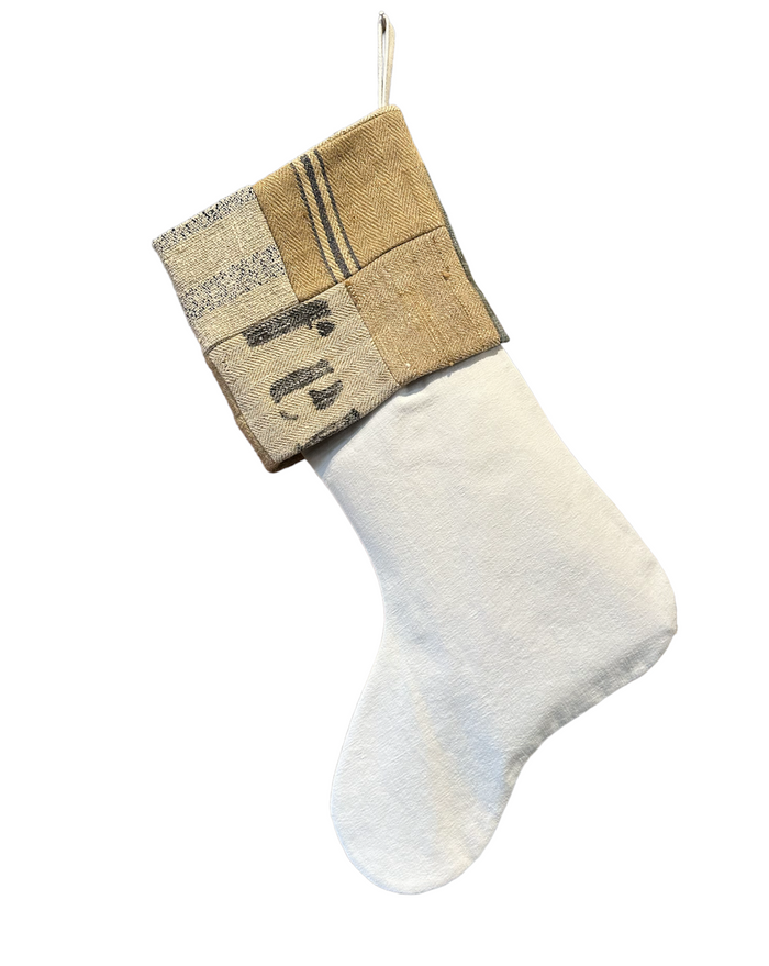 White Christmas stocking with burlap cuff panel, stitched patch and hanging loop