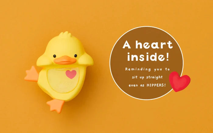 HIPPERS Funbarus (Posture Pal) toy with a heart window, promoting posture support, shown with accompanying text about its decorative and adhesive features.