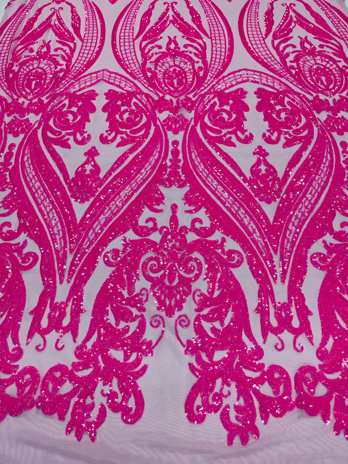 Hot Pink Sequins Fabric on Mesh, Damask Design 4 Way Stretch Sequin Fabric Sold By The Yard