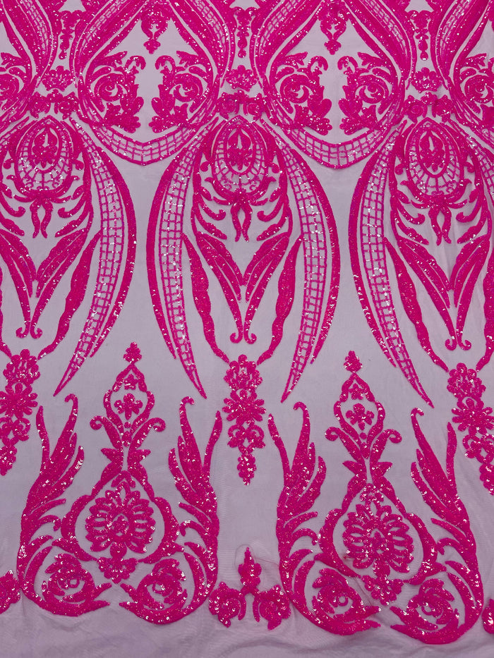 Hot Pink Sequins Fabric on Mesh, Damask Design 4 Way Stretch Sequin Fabric Sold By The Yard