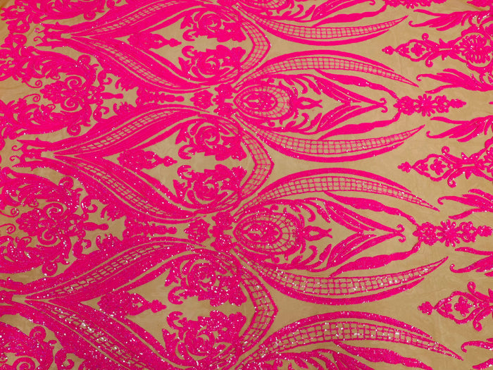 Hot Pink Sequins Fabrics on DK Nude Mesh, Damask Design 4Way Stretch Sequin By The Yard