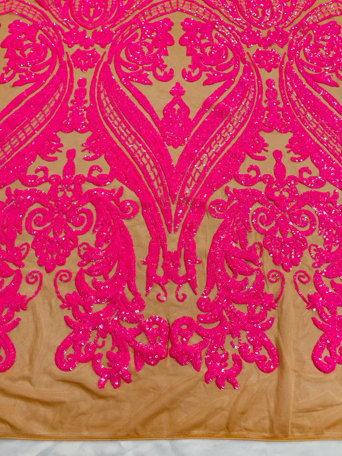 Hot Pink Sequins Fabrics on DK Nude Mesh, Damask Design 4Way Stretch Sequin By The Yard