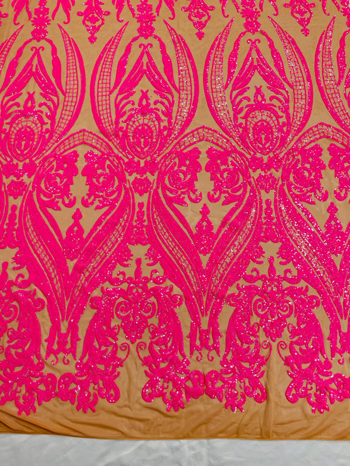 Hot Pink Sequins Fabrics on DK Nude Mesh, Damask Design 4Way Stretch Sequin By The Yard