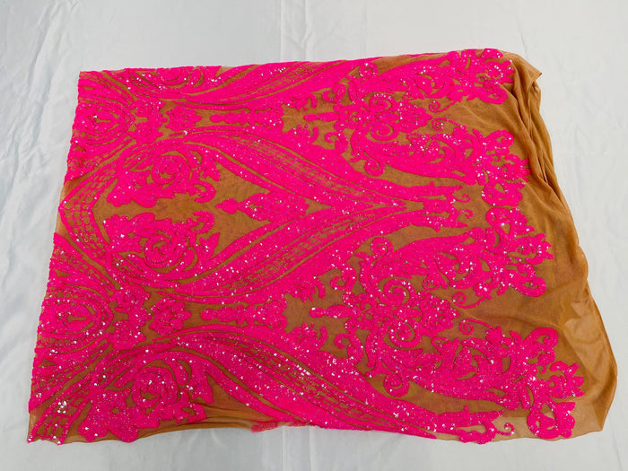 Hot Pink Sequins Fabrics on DK Nude Mesh, Damask Design 4Way Stretch Sequin By The Yard