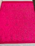 Hot Pink Sequins Fabrics on Mesh, Damask Design 4Way Stretch Sequin By The Yard