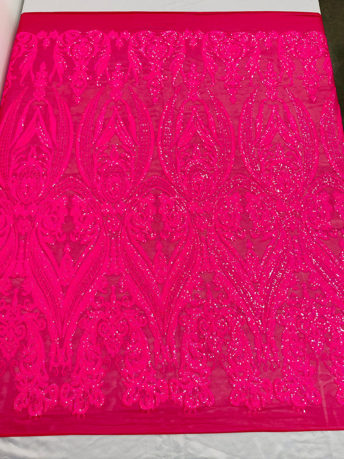 Hot Pink Sequins Fabrics on Mesh, Damask Design 4Way Stretch Sequin By The Yard