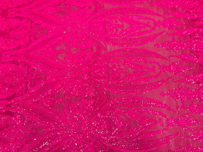 Hot Pink Sequins Fabrics on Mesh, Damask Design 4Way Stretch Sequin By The Yard