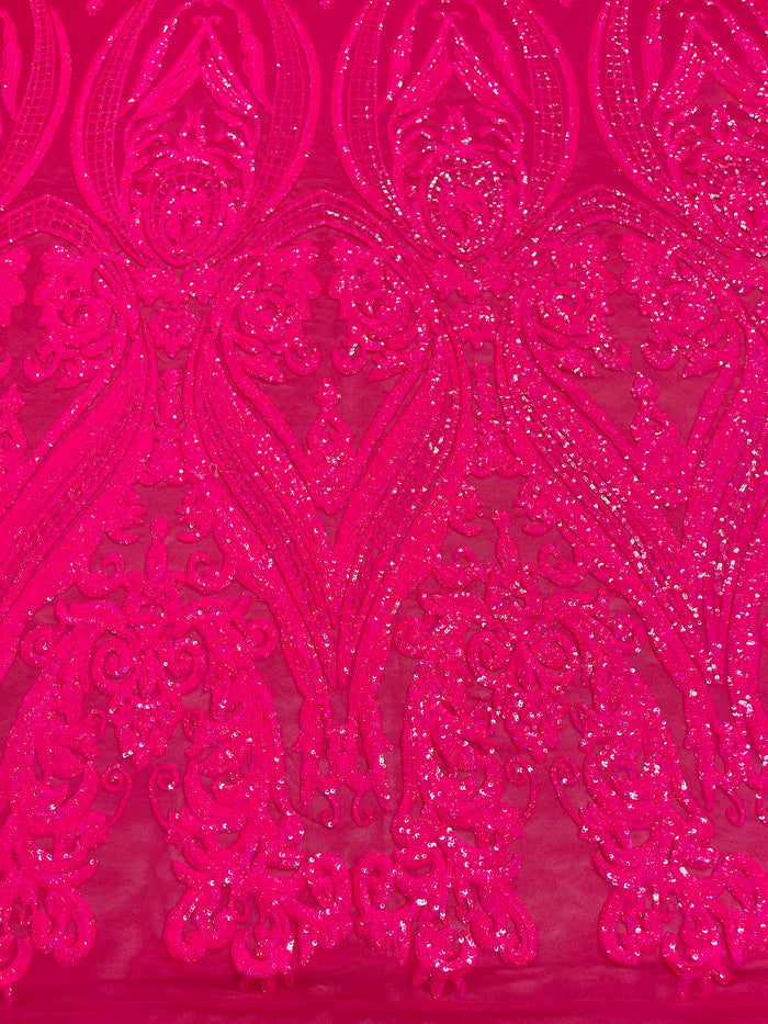 Hot Pink Sequins Fabrics on Mesh, Damask Design 4Way Stretch Sequin By The Yard
