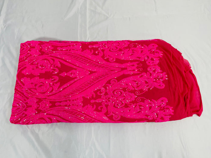 Hot Pink Sequins Fabrics on Mesh, Damask Design 4Way Stretch Sequin By The Yard