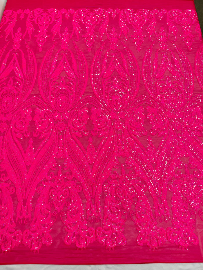 Hot Pink Sequins Fabrics on Mesh, Damask Design 4Way Stretch Sequin By The Yard