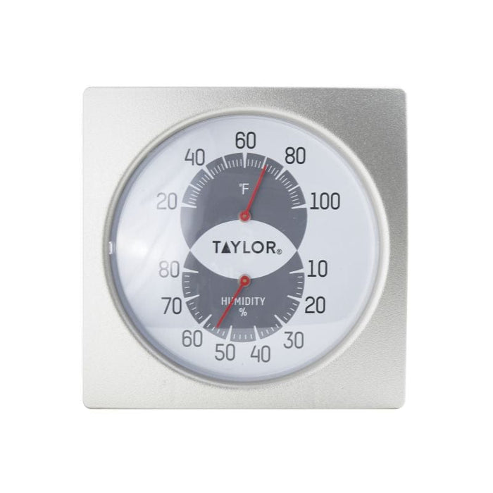 Taylor humidiguide with thermometer in a square silver frame