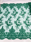 Hunter Green Bridal Lace - By The Yard - Floral Damask Design Embroidered on Mesh Lace Fabric