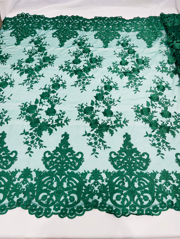 Hunter Green Bridal Lace - By The Yard - Floral Damask Design Embroidered on Mesh Lace Fabric
