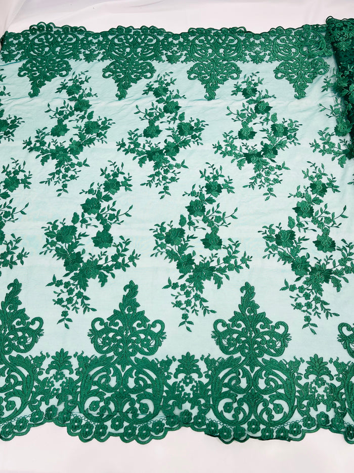 Hunter Green Bridal Lace - By The Yard - Floral Damask Design Embroidered on Mesh Lace Fabric