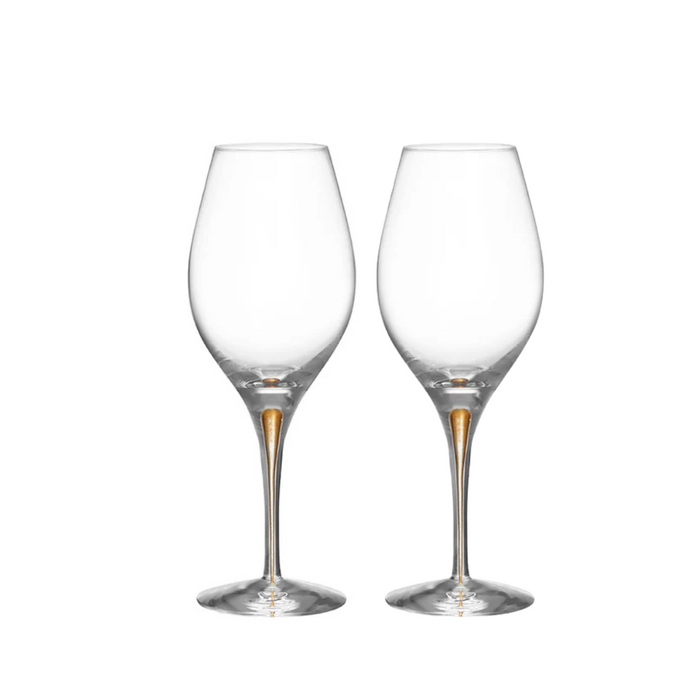 Two Orrefors Intermezzo Balance Wine Glasses Gold, set of 2, stand upright with long stems side by side on a plain white background.