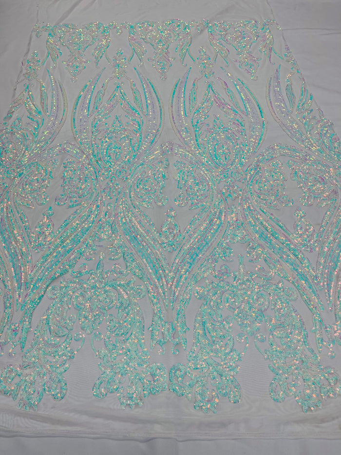 Iridescent Aqua/Blue Sequins Fabric Damask Design 4 Way Stretch Sequin Fabric Sold By The Yard