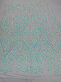 Iridescent Aqua/Blue Sequins Fabric Damask Design 4 Way Stretch Sequin Fabric Sold By The Yard