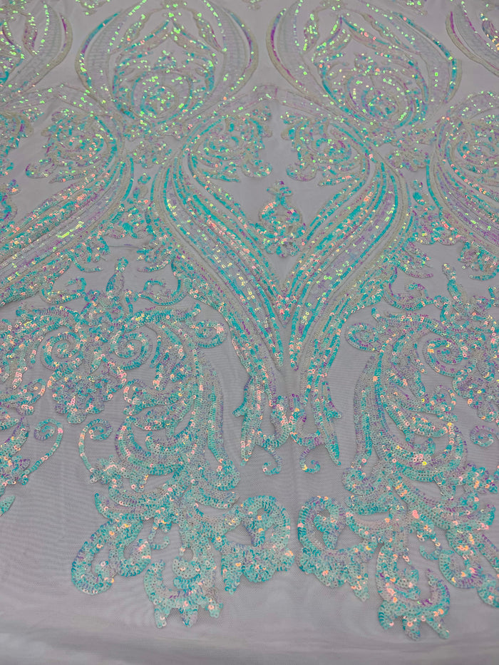 Iridescent Aqua/Blue Sequins Fabric Damask Design 4 Way Stretch Sequin Fabric Sold By The Yard