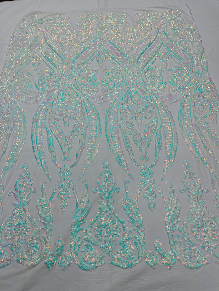 Iridescent Aqua/Blue Sequins Fabric Damask Design 4 Way Stretch Sequin Fabric Sold By The Yard