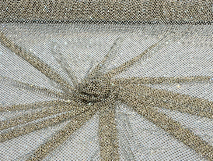 Iridescent Rhinestones Fabric On Champagne 4way Stretch Net Fabric,Fish Net with Crystal Stones By Yard