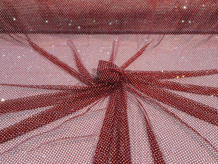 Iridescent Rhinestones Fabric On Red 4way Stretch Net Fabric,Fish Net with Crystal Stones By Yard