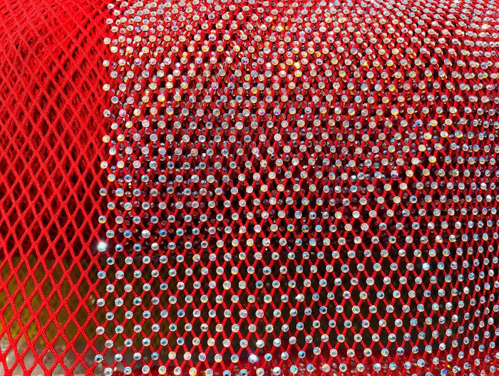 Iridescent Rhinestones Fabric On Red 4way Stretch Net Fabric,Fish Net with Crystal Stones By Yard