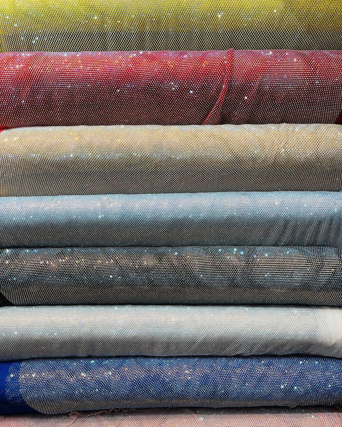 Iridescent Rhinestones Fabric On Red 4way Stretch Net Fabric,Fish Net with Crystal Stones By Yard