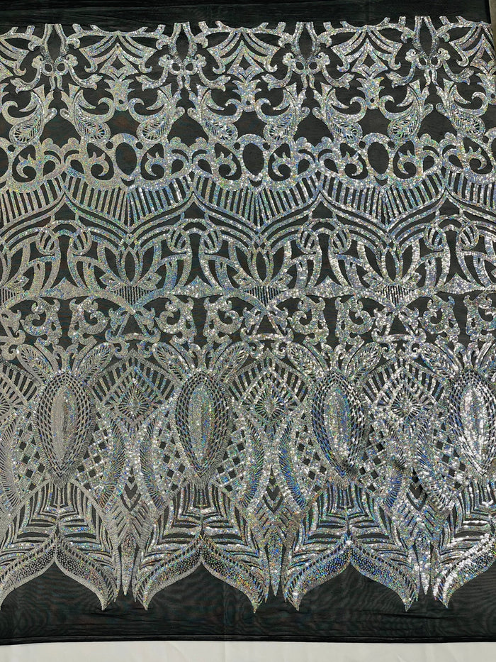 Iridescent Sequin Fabric - Holographic Silver - 4 Way Stretch Royalty Lace Sequin By Yard