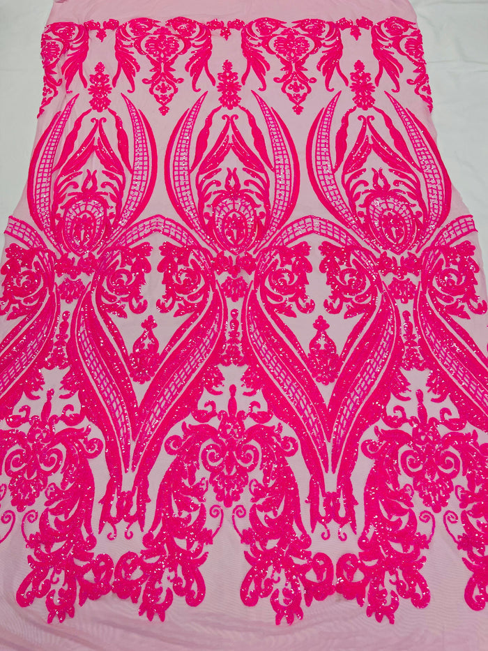 Iridescent Sequins Fabric on Mesh - by the yard - Damask Design 4 Way Stretch Sequin Fabric