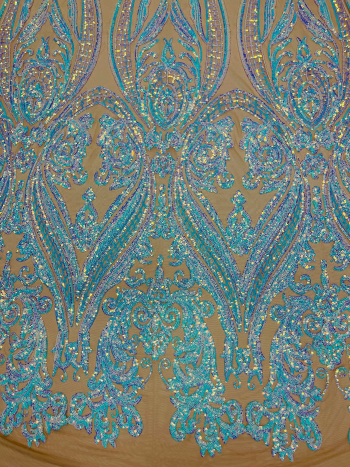 Iridescent Sequins Fabric on Mesh - by the yard - Damask Design 4 Way Stretch Sequin Fabric