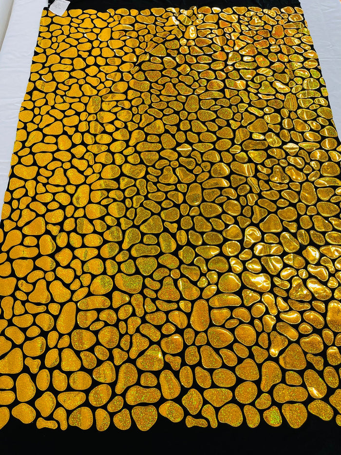 Jumbo Sequins - Gold - Geometric Round Pattern Sequins on 2 Way Strech Velvet By Yard