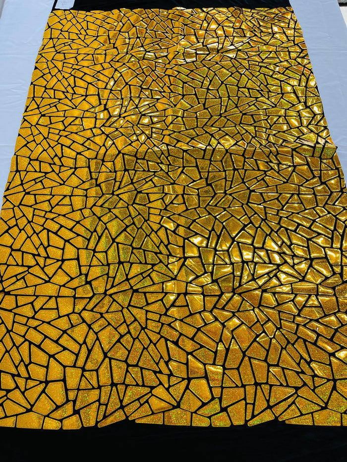 Jumbo Sequins - Gold Holographic - Geometric Pattern Sequins on 2 Way Strech Velvet By Yard