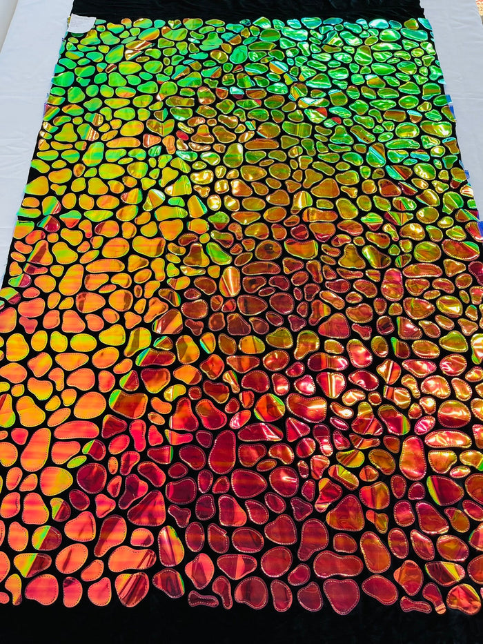 Jumbo Sequins - Iridescent Orange/Green - Geometric Round Pattern Sequins on 2 Way Strech Velvet By Yard