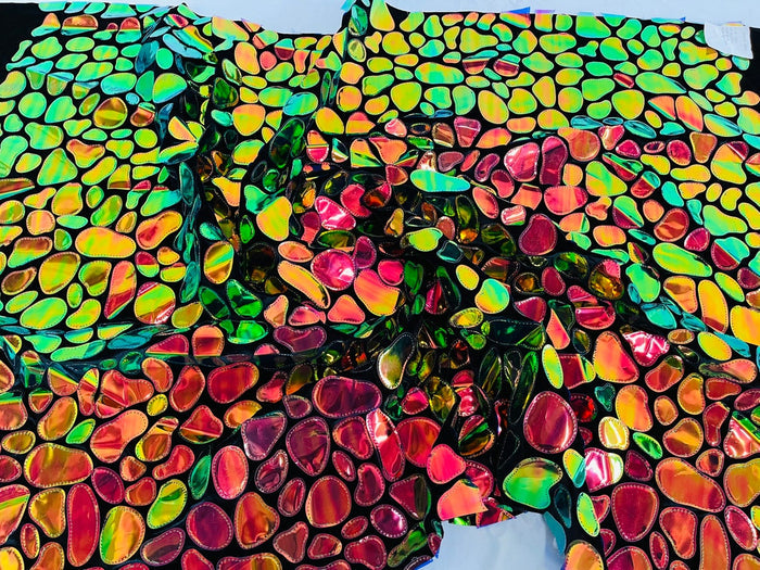 Jumbo Sequins - Iridescent Orange/Green - Geometric Round Pattern Sequins on 2 Way Strech Velvet By Yard