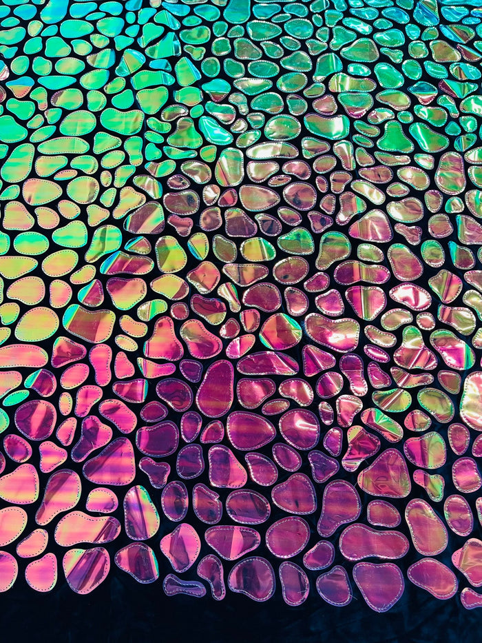 Jumbo Sequins - Iridescent Orange/Green - Geometric Round Pattern Sequins on 2 Way Strech Velvet By Yard