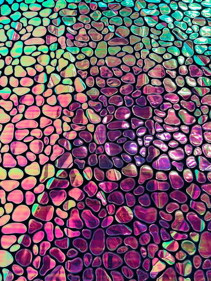 Jumbo Sequins - Iridescent Orange/Green - Geometric Round Pattern Sequins on 2 Way Strech Velvet By Yard