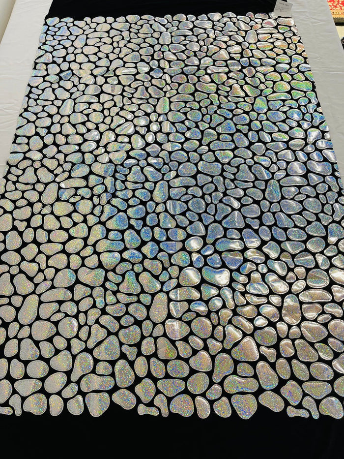 Jumbo Sequins - Silver Holographic - Geometric Round Pattern Sequins on 2 Way Strech Velvet By Yard