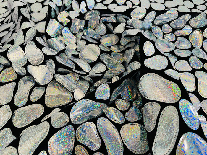 Jumbo Sequins - Silver Holographic - Geometric Round Pattern Sequins on 2 Way Strech Velvet By Yard