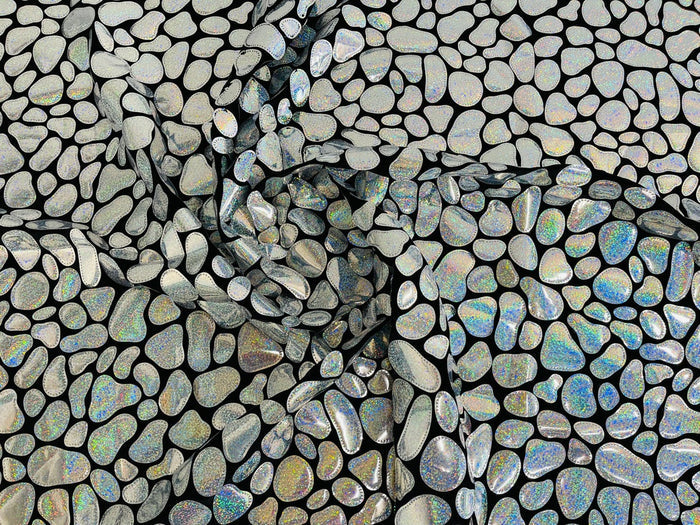 Jumbo Sequins - Silver Holographic - Geometric Round Pattern Sequins on 2 Way Strech Velvet By Yard
