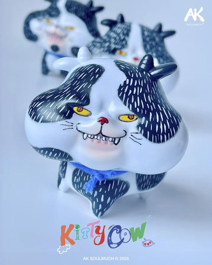 Kitty Cow art-toy figure by AK SOULMUCH, featuring a chubby creature with spotted fur, horns, yellow eyes, and a blue yarn collar, 140mm Sofubi.