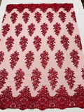 Lace Fabric - by the yard - Corded Flower Embroidery With Sequins on a Mesh Lace Fabric For Wedding