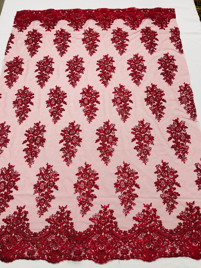 Lace Fabric - by the yard - Corded Flower Embroidery With Sequins on a Mesh Lace Fabric For Wedding