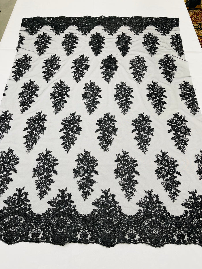 Lace Fabric - by the yard - Corded Flower Embroidery With Sequins on a Mesh Lace Fabric For Wedding