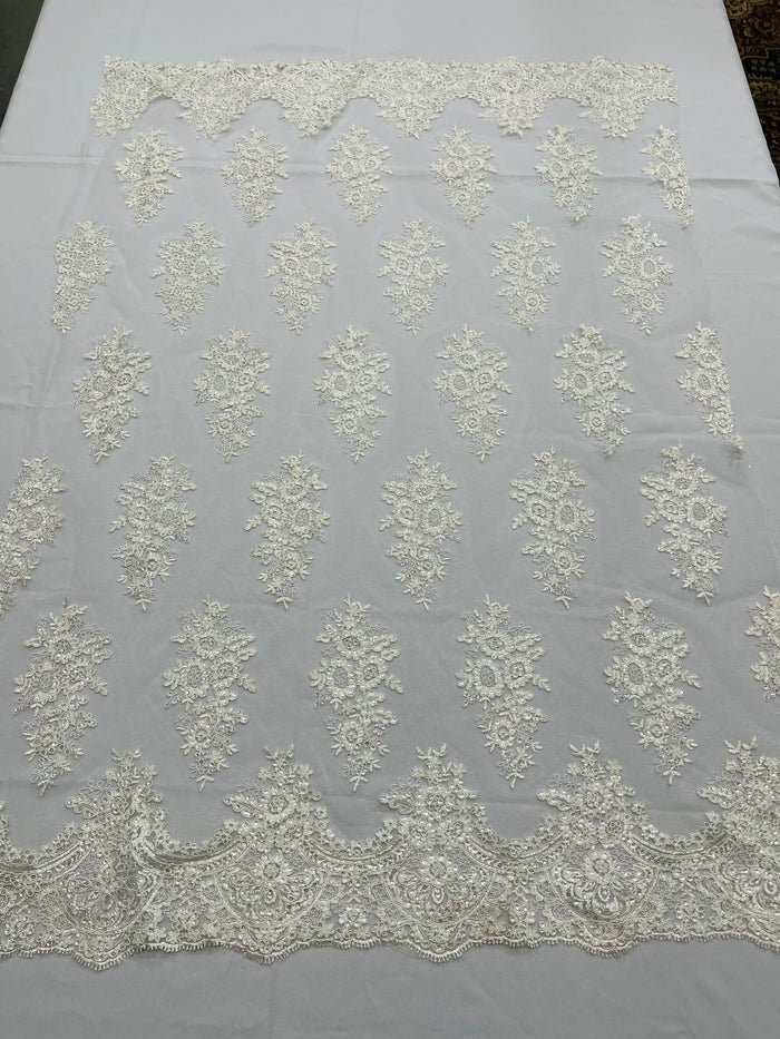 Lace Fabric - by the yard - Corded Flower Embroidery With Sequins on a Mesh Lace Fabric For Wedding