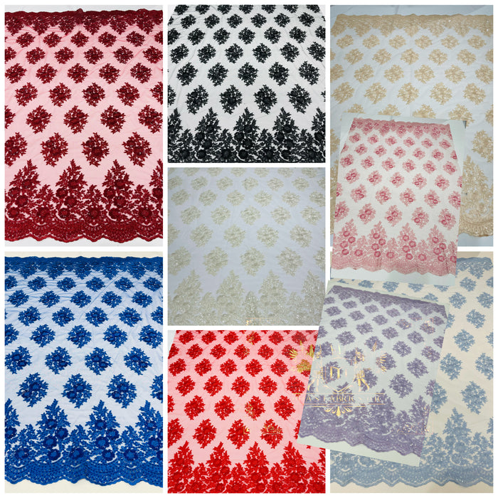 Lace Fabric - by yard - Corded Flower Embroidery With Sequins on a Mesh Lace Fabric For Wedding